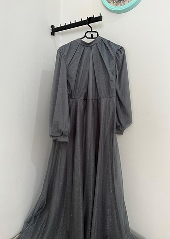Gri Uzun Drapeli Kadın Abiye Elbise - Görsel 2