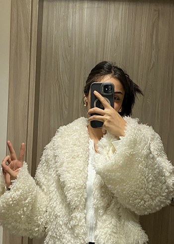 Kadın Beyaz Peluş Midi Boy Kürk Ceket - Görsel 2