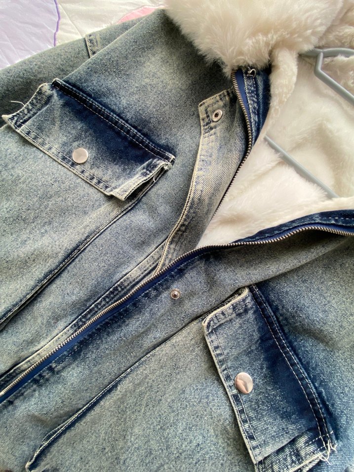 Beyaz Kürklü Gri Denim Ceket - Görsel 2