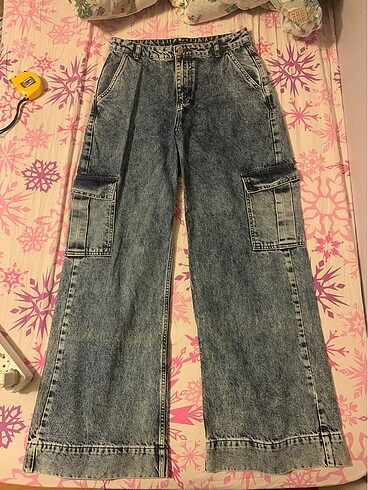 yuksek bel denim kargo jean