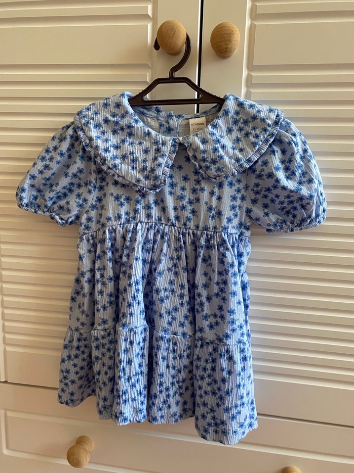 Mavi Pamuklu Çiçek Desenli Kız Elbisesi - Görsel 2