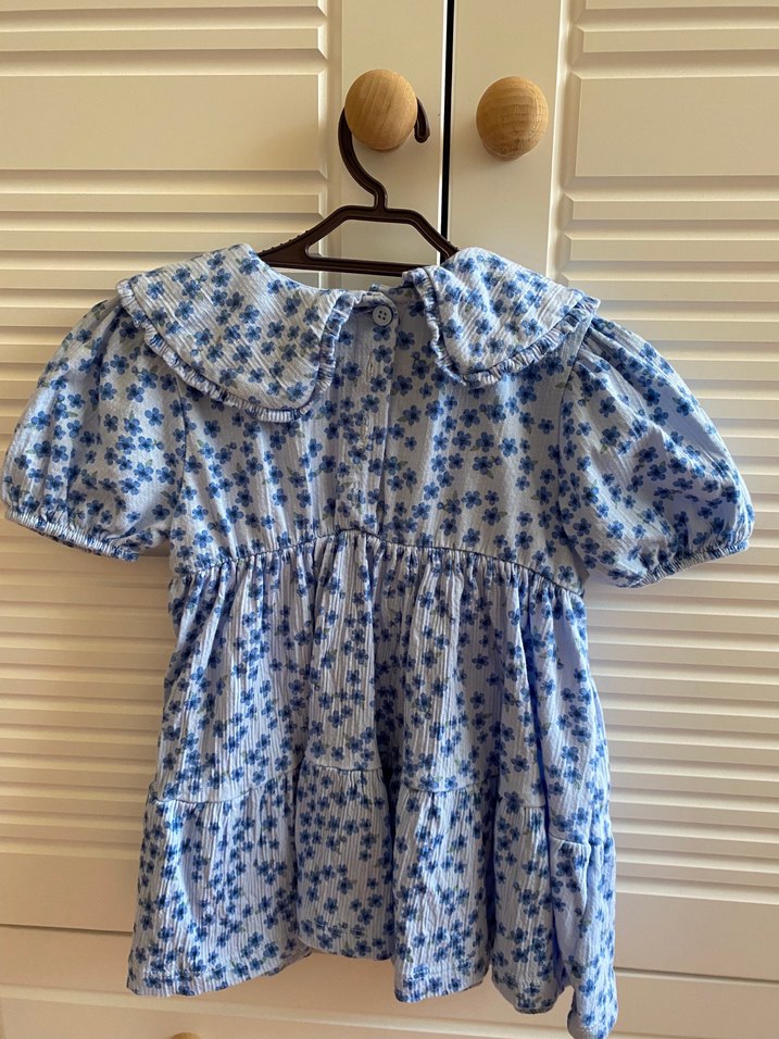 Mavi Pamuklu Çiçek Desenli Kız Elbisesi - Görsel 4