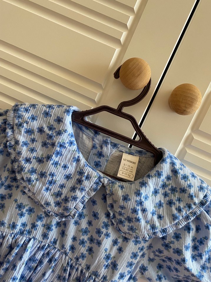 Mavi Pamuklu Çiçek Desenli Kız Elbisesi - Görsel 3