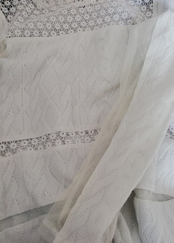 krem renk Bohem Örgü Uzun Kollu Bluz - Görsel 4