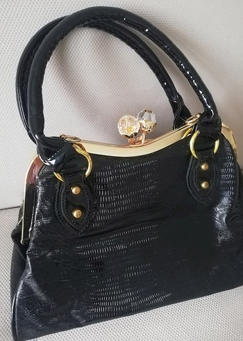Klasik Siyah Parlak Deri Yılan Desenli Kadın Çanta - Görsel 2