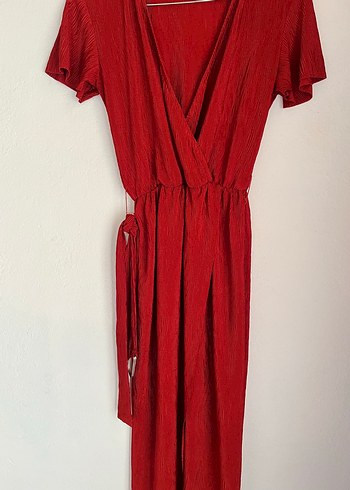 V Yaka Kırmızı Midi Elbise - Görsel 3