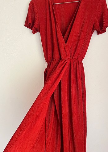 V Yaka Kırmızı Midi Elbise - Görsel 2