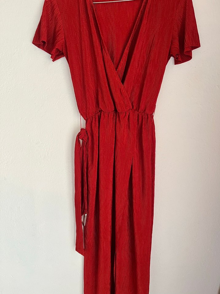 V Yaka Kırmızı Midi Elbise - Görsel 3