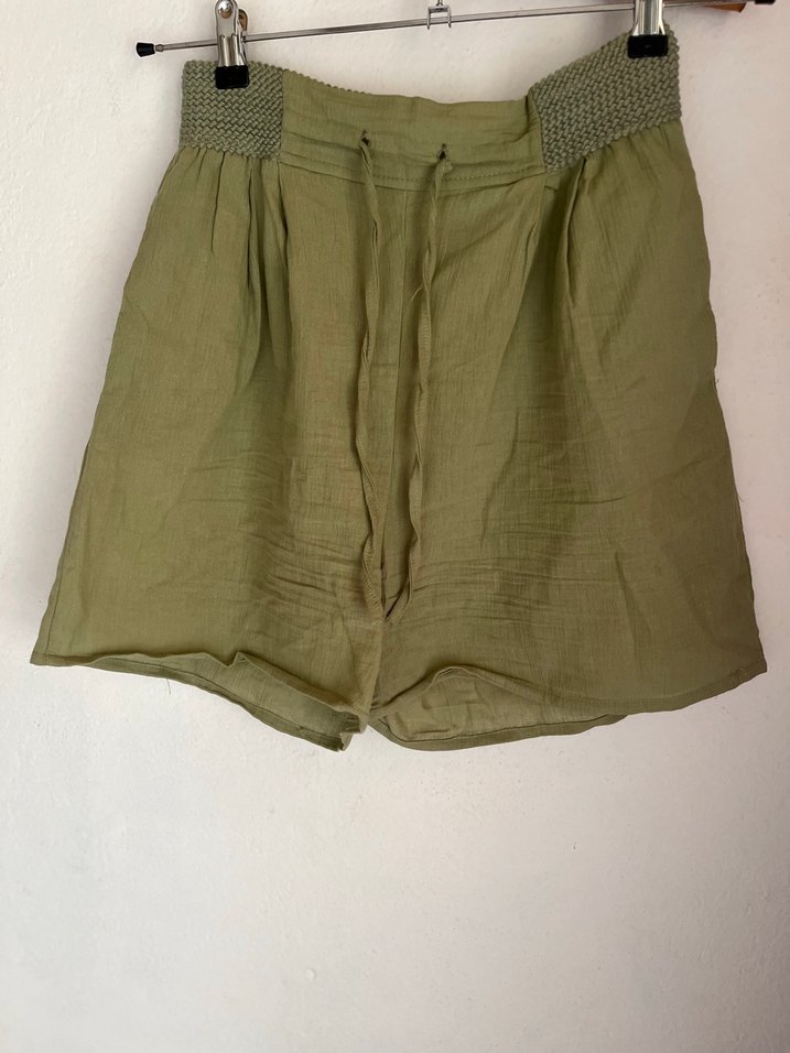 Yeşil Keten Bol Kesim Mini Hamile Şortu - Görsel 2