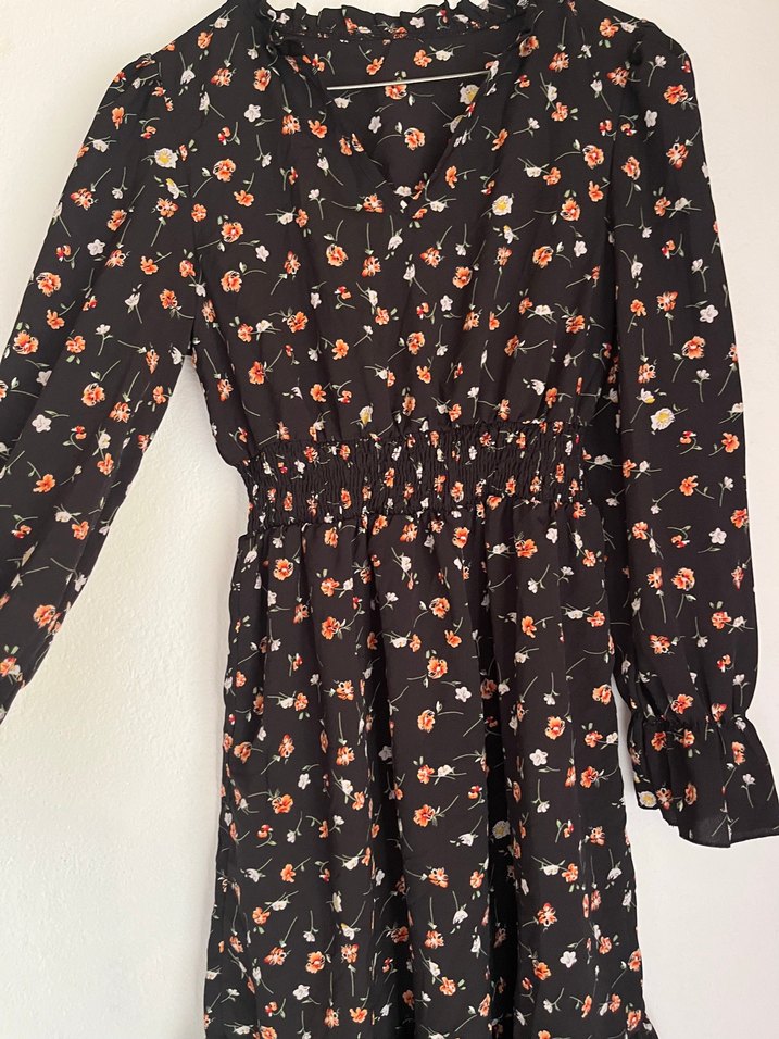 Kahverengi Çiçek Desenli Uzun Kollu Bohem Elbise - Görsel 2