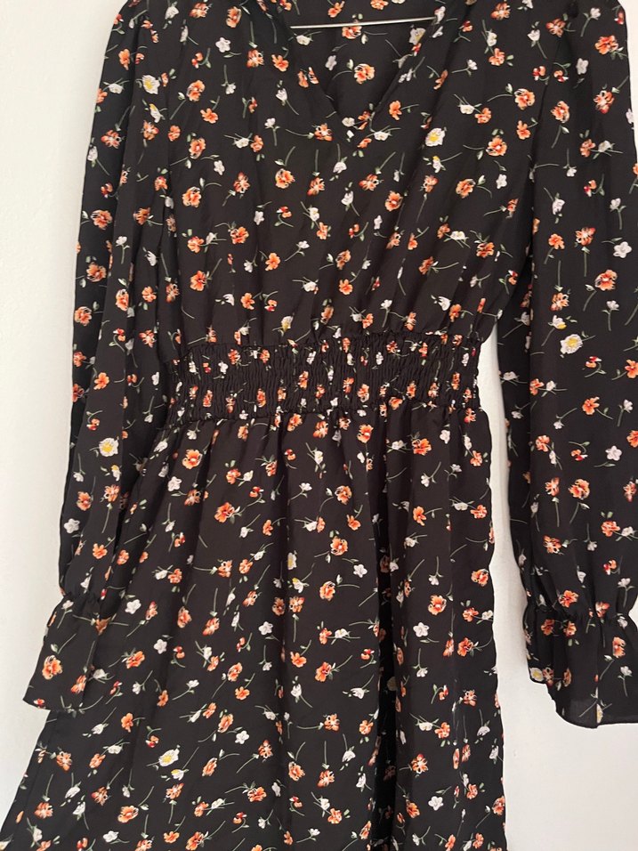 Kahverengi Çiçek Desenli Uzun Kollu Bohem Elbise - Görsel 3