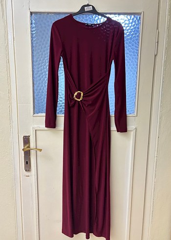 Bordo Drapeli Uzun Kollu Uzun Elbise - Görsel 2