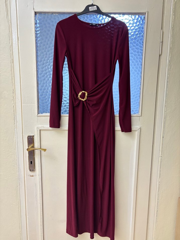 Bordo Drapeli Uzun Kollu Uzun Elbise - Görsel 2