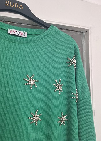 xl Beden Kadın Yeşil Nakışlı Uzun Örme Tunik