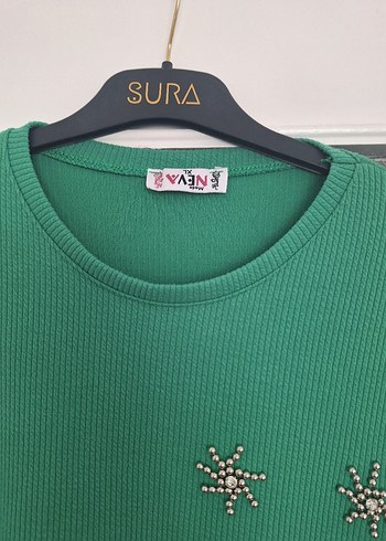 xl Beden yeşil Renk Kadın Yeşil Nakışlı Uzun Örme Tunik