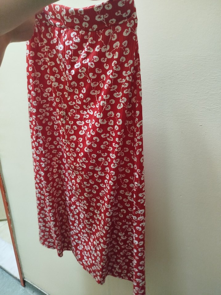 Kadın Kırmızı Desenli Piliseli Midi Etek - Görsel 2