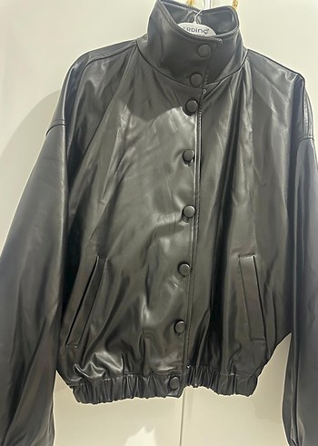 Düğmeli Siyah Deri Kadın Ceket - Görsel 2
