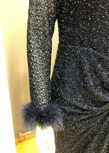 Koyu Lacivert Kürklü Uzun Kollu Abiye Elbise - Görsel 3