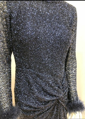 Koyu Lacivert Kürklü Uzun Kollu Abiye Elbise - Görsel 2