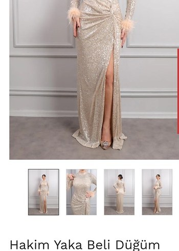 Koyu Lacivert Kürklü Uzun Kollu Abiye Elbise - Görsel 4