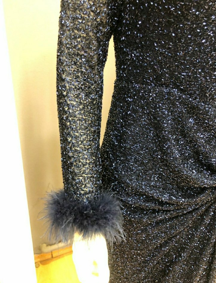 Koyu Lacivert Kürklü Uzun Kollu Abiye Elbise - Görsel 3