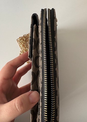 Zincir Detaylı Gri Coach Deri Kadın Cüzdan Çanta - Görsel 3