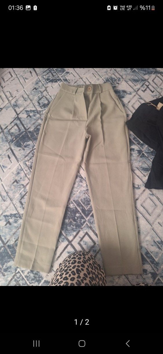 Bej Kadın Kumaş Pantolon - Kemerli, Midi Boy - Görsel 2