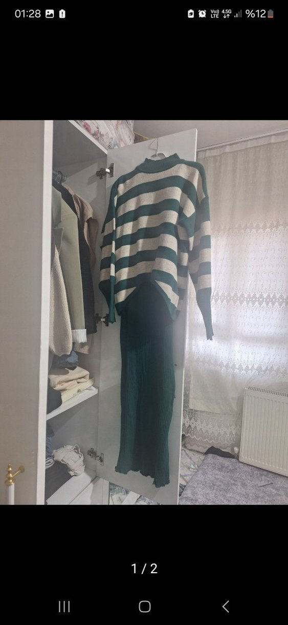 Kadın Yeşil Çizgili Uzun Triko Kazak - Görsel 2