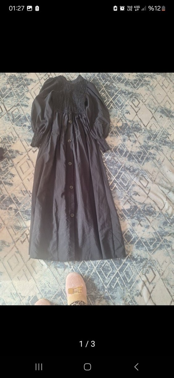 Düğmeli Siyah Uzun Keten Elbise - Görsel 2