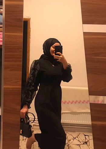 Siyah Uzun Kol Transparan Detaylı Elbise