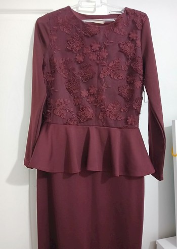 Bordo Dantel Detaylı Uzun Kollu Nişan Elbisesi - Görsel 4