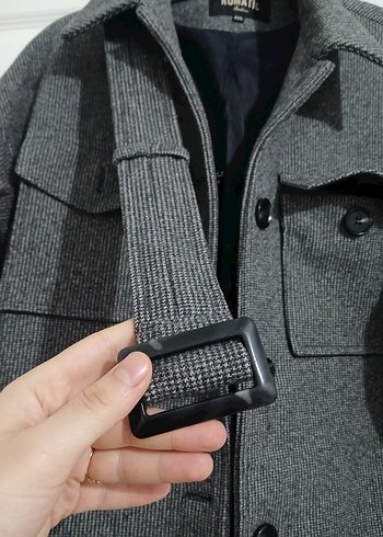 Düğmeli Gri Uzun Kaban - Görsel 4