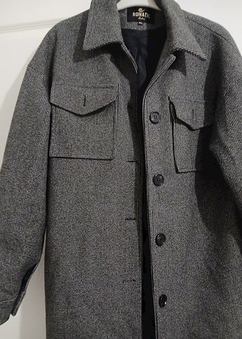 Düğmeli Gri Uzun Kaban - Görsel 2