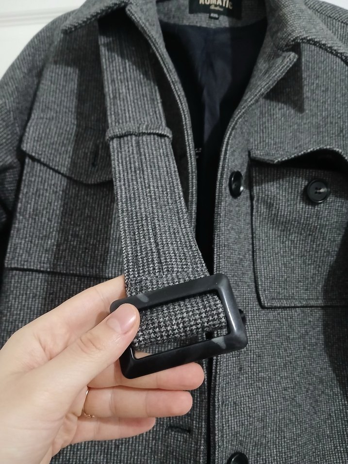 Düğmeli Gri Uzun Kaban - Görsel 4