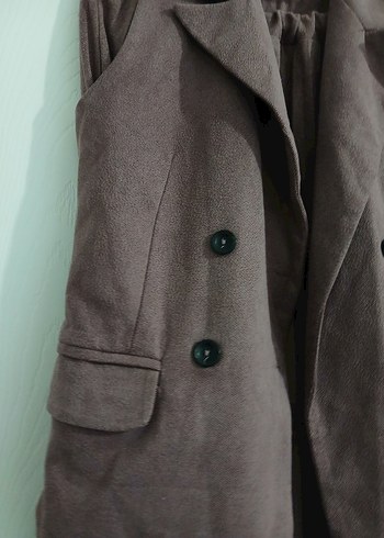 Düğmeli Bej Keten Kadın Uzun Ceket ve etek - Görsel 5