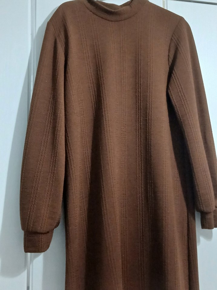 Uzun Kollu Kahverengi Rahat Kadın Elbise - Görsel 3