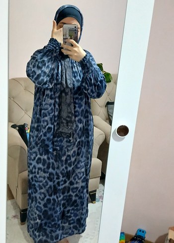 Kadın Mavi uzun tesettür elbise şal beraber - Görsel 6