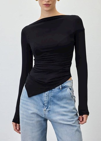 stradivarius y2k Siyah Drapeli Uzun Kollu Denim Bluz