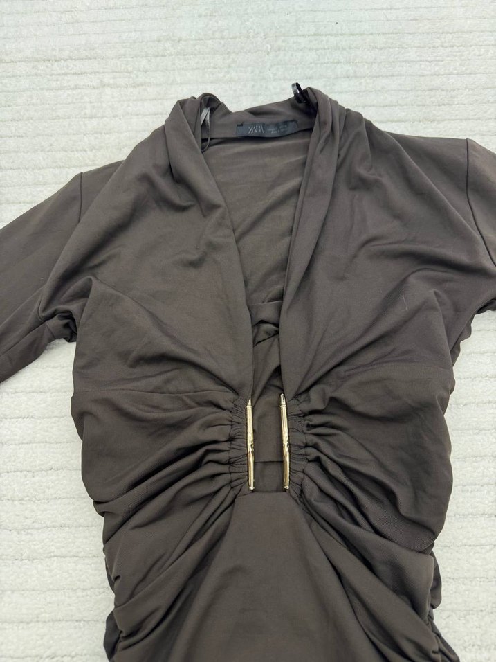 zara Kahverengi V Yaka İnce Kadın Bluz bodysuit - Görsel 2