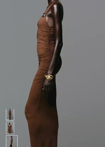 zara Drapeli V Yakalı Kahverengi Uzun Elbise - Görsel 2