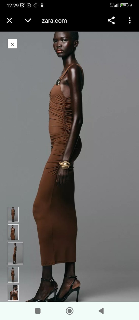 zara Drapeli V Yakalı Kahverengi Uzun Elbise - Görsel 2