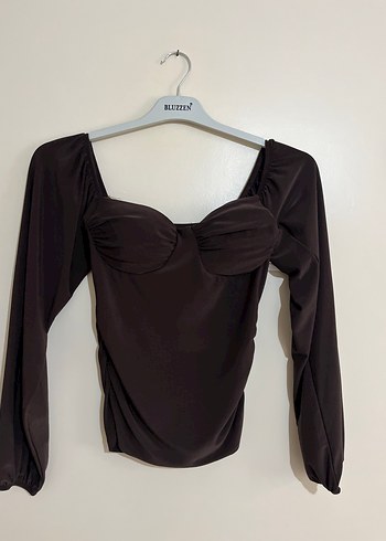 Drapeli V Yakalı Kahverengi Mini Bluz - Görsel 3