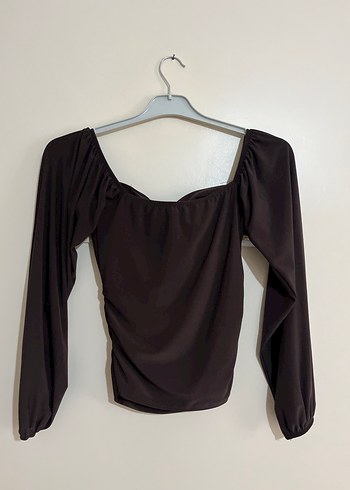 Drapeli V Yakalı Kahverengi Mini Bluz - Görsel 2