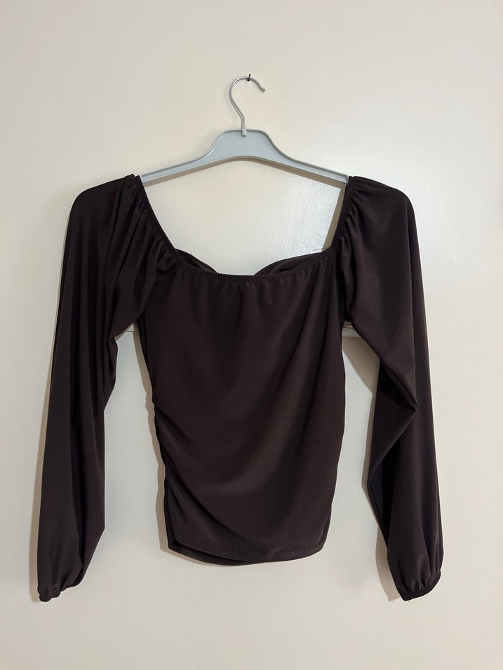 Drapeli V Yakalı Kahverengi Mini Bluz - Görsel 2