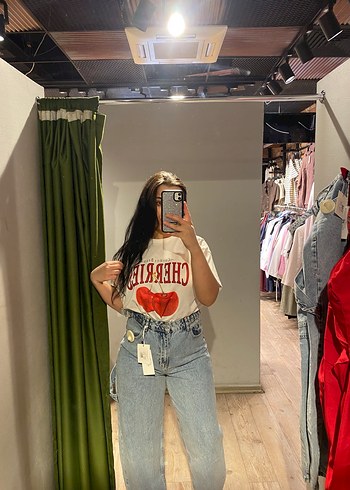 Beyaz Baskılı Rahat Kesim Midi Kot Pantolon