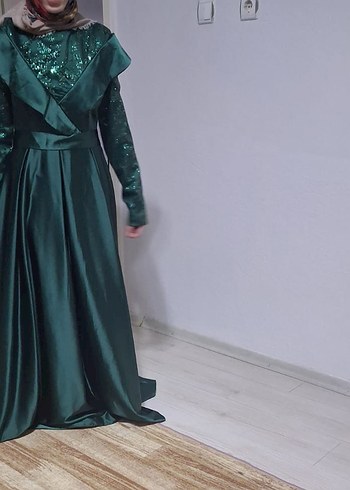 Yeşil Uzun Drapeli Abiye Elbise - Görsel 3