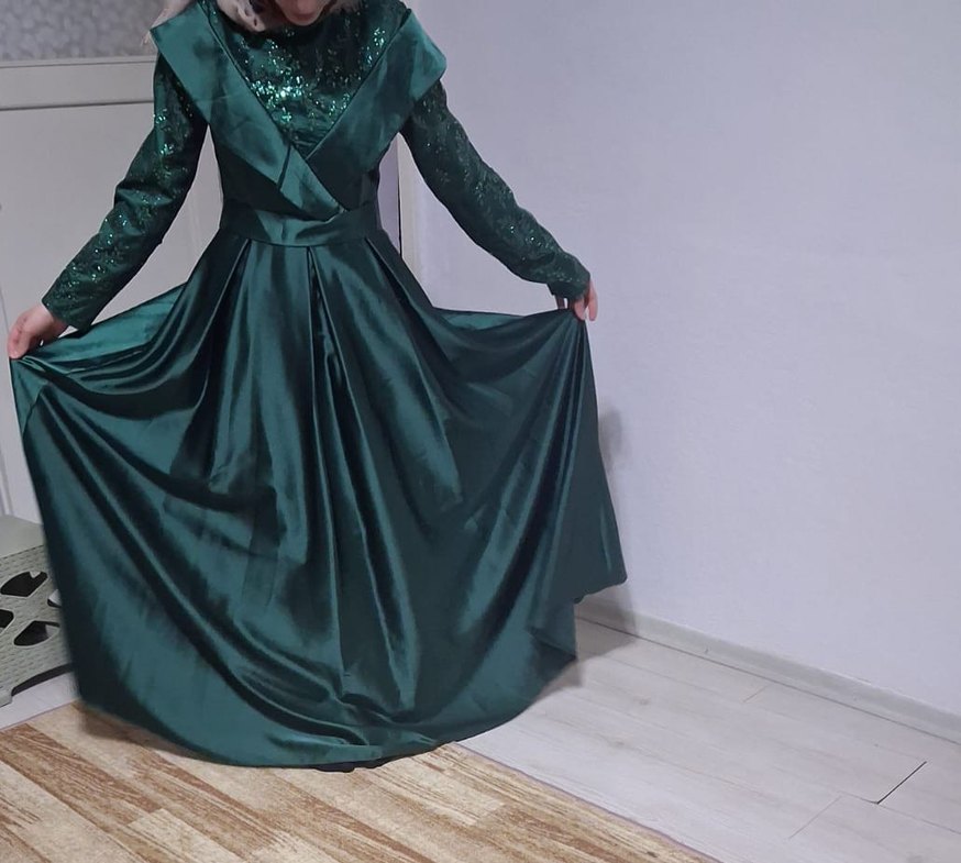 Yeşil Uzun Drapeli Abiye Elbise - Görsel 2