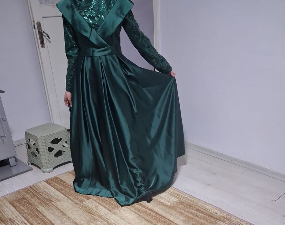 Yeşil Uzun Drapeli Abiye Elbise - Görsel 4