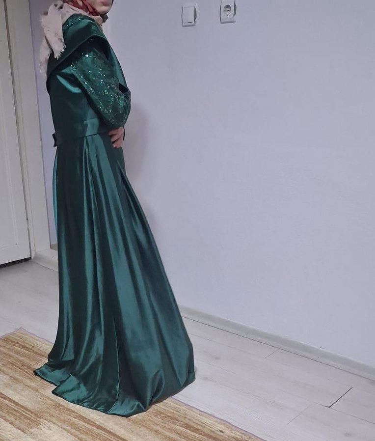 Yeşil Uzun Drapeli Abiye Elbise - Görsel 5