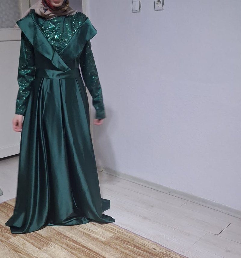 Yeşil Uzun Drapeli Abiye Elbise - Görsel 3